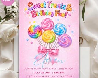 Invitación de cumpleaños con temática de dulces editable, plantilla para fiesta de golosinas (Canva)