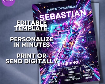 Neon Gamer 7th Birthday Invitation, Editable Canva Invite, Retro Arcade Party, Digital Download 5x7
