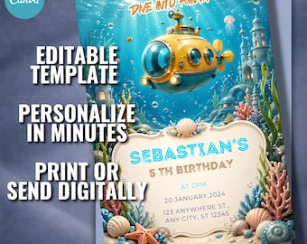 Invito di compleanno a tema sottomarino, invito modificabile per festa a tema oceano (modello Canvas)