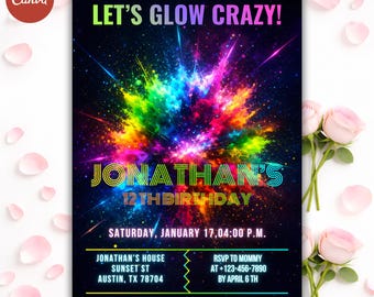Neon Glow Birthday Invitation, Editable Canva Template, Kids Party Invite (Digital Download)