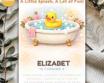 Invitación de cumpleaños editable con temática de baño de patitos, invitación de fiesta con patitos de goma en tonos pastel (plantilla de Canva)