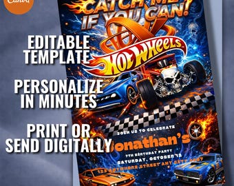 Invito di compleanno Hot Wheels, festa con auto da corsa, modello modificabile (download digitale)