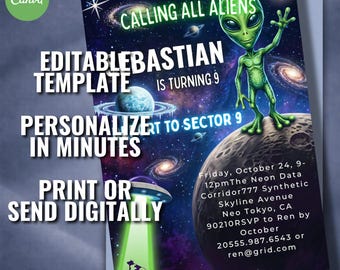 Alien UFO Birthday Invitation, Outer Space Galactic Party Invite, Editable Canva Template (Digital Download)
