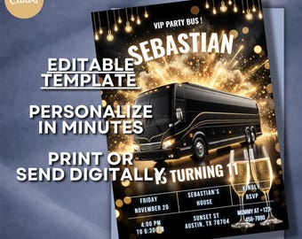 Luxury Party Bus Birthday Invitation Template, VIP Black Gold Bus Invite, Editable Canva Birthday Party Invite