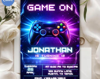 Invitación de cumpleaños de jugador de neón, invitación para fiesta de videojuegos Level Up (descarga digital)
