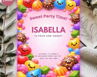 Invitación de cumpleaños con temática de dulces, editable, invitación rosa para fiesta (descarga digital de 5x7 pulgadas)