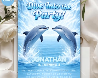 Invitación de cumpleaños con temática de delfines – Plantilla para fiesta infantil en la piscina (Descarga digital)