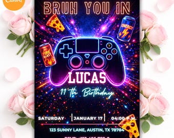 ネオンゲーミングバースデー招待状、ビデオゲームパーティー招待状（デジタルダウンロード）