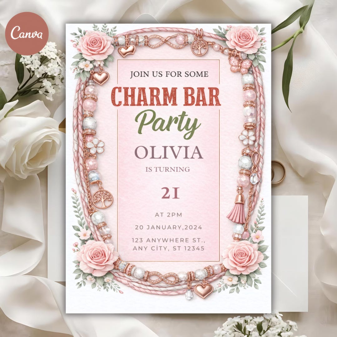 Elegant 5x7 Charm Bar Party Invite With Custom Charm Bracelets & Pink ...