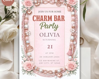 Elegante invitación de 5x7 pulgadas para fiesta temática de charms con pulseras de charms personalizadas y rosas rosadas.