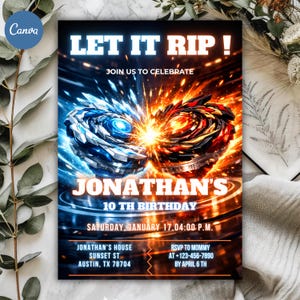 Redigerbar Beyblade-födelsedagsinbjudan, 5x7 pojkfestinbjudan, Canva-mall (digital nedladdning) bild 3