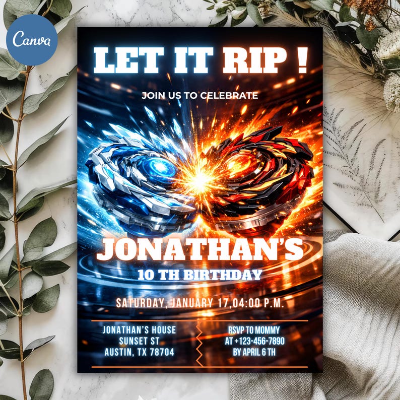 Redigerbar Beyblade-födelsedagsinbjudan, 5x7 pojkfestinbjudan, Canva-mall (digital nedladdning) bild 3