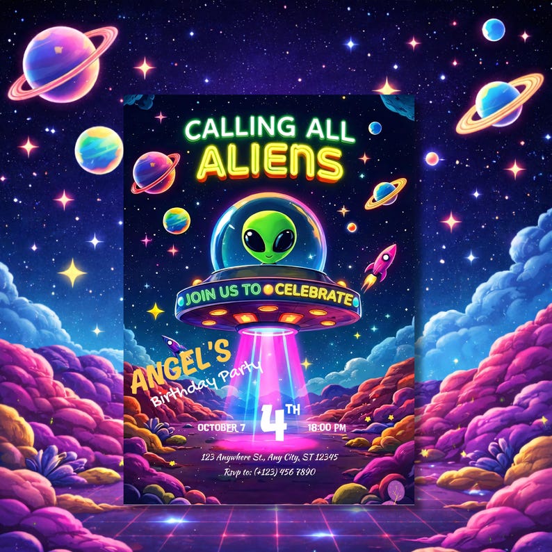 Alien Birthday Invitation 5x7 | Space UFO Kids Party Invite | Editable ...
