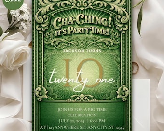 Invitación de cumpleaños con temática de dinero, invitación para fiesta temática de dólares, plantilla de Canva (descarga digital)