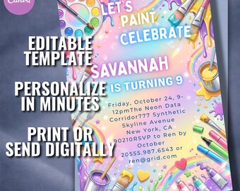 Editable Art Party Invitation | Rainbow Painting Birthday Template (Digital Download)