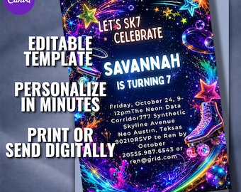 Neon Roller Skating Birthday Invitation, 7th Birthday Disco Skates (Canva Editable)