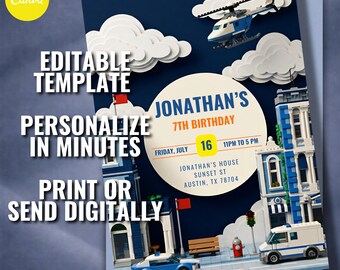 Police Building Blocks Birthday Invitation, Customizable Canva Template (Instant Download)