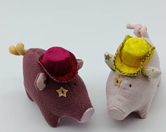 Handmade plush pig cowboy, soft animal with hat, textile toy
