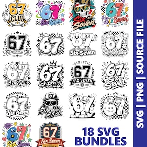 Puede incluir: Una colección de 18 diseños gráficos digitales que presentan el número 67 y el texto Six Seven. Los diseños incluyen varios estilos como grafitis, personajes de dibujos animados, calaveras con gafas de sol, emblemas atléticos y patrones de cuadros.