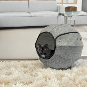 May include: A gray cat bed with a round, enclosed design. The bed is made of felt and has a black trim. A gray cat with yellow eyes is inside the bed, looking out. The bed is on a fluffy, white rug.