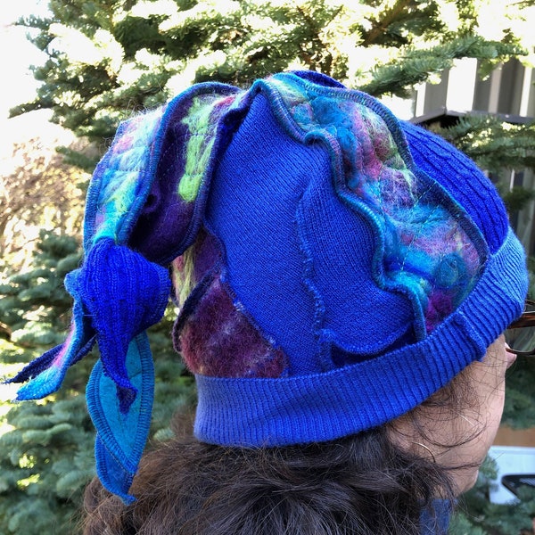 Elf Festival Fantasy Hat,Upcycled Sweaters, Needle Felted, Wool and Cashmere Patchwork in Jewel Tones. # H143