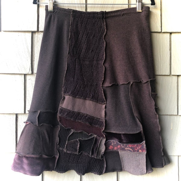 Upcycled Skirt, Dark Brown Patchwork Skirt made from Repurposed Sweaters,Patchwork in Cottons and Blends, Women Size Small, A-Line, #SK501