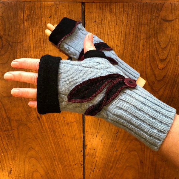 Fingerless Gloves, Texting Gloves, Upcycled Wool Sweaters, Sky Blue, Black and Burgundy, #G205
