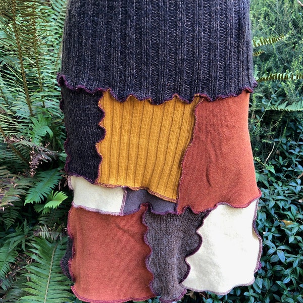 Upcycled Sweater Skirt, Women Small-Medium, Patchwork in Autumn Colors, Brown, Rust, Golds,