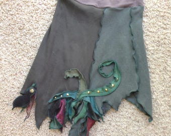 Upcycled Cotton Knit Fairy Skirt, Fantasy Festival Wear, Green Leaf Appliqués