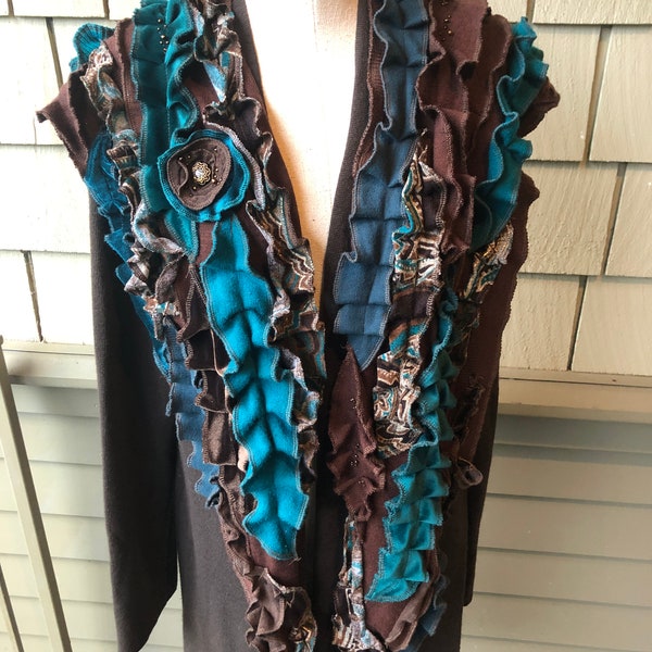 Ruffled Scarf Stole, Boa, Upcycled Wearable Art Clothing, Teals and Browns, Extra Long, A Show piece! #SCF305