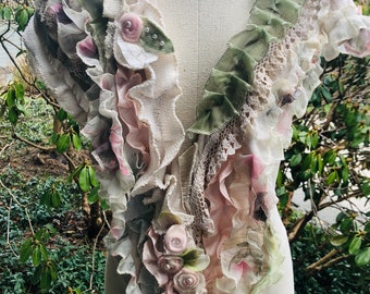 Large Scarf Shawl, Upcycled Handmade, Art to Wear, Unique gift, Feminine Ruffles with soft pastels  of mixed fibers and textures, #SK309