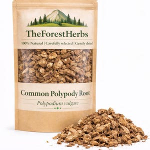 Könnte beinhalten: Ein brauner Papierbeutel mit getrockneter Gemeiner Tüpfelfarnwurzel, beschriftet mit TheForestHerbs und einer Berggrafik. Der Text lautet 100% Natural, Carefully selected, Gently dried und Polypodium vulgare. Ein Haufen brauner Wurzeln liegt davor.