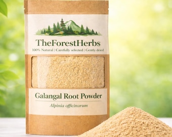 May include: A brown paper pouch of TheForestHerbs Galangal Root Powder, Alpinia officinarum, featuring a clear window showing the beige powder inside. A small pile of the same beige powder sits in front of the pouch on a flat surface.