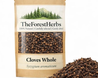 May include: A brown paper pouch labelled TheForestHerbs containing whole cloves, with a clear window displaying the dark brown dried spice. The label features a mountain and pine tree graphic, with the text Cloves Whole and Syzygium aromaticum.
