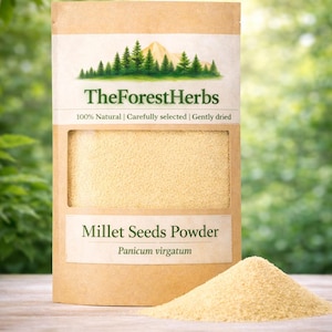 May include: A brown packet of Millet Seeds Powder from TheForestHerbs, with the text "100% Natural | Carefully selected | Gently dried". The packet has a clear window showing the powder. A small pile of powder sits in front of the packet.