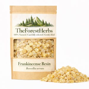 May include: A kraft paper bag of frankincense resin with a clear window, and a pile of resin next to it. The bag has the text "The Forest Herbs" and "Frankincense Resin". The resin is a light yellow color.