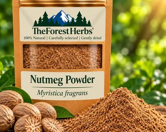 May include: A brown stand-up pouch of TheForestHerbs Nutmeg Powder with a clear window showing the contents. The label features a mountain and forest graphic, the text Nutmeg Powder, and Myristica fragrans. Whole nutmegs sit nearby.
