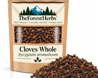 May include: A brown stand-up pouch of TheForestHerbs whole cloves, Syzygium aromaticum. The label features a mountain and forest graphic with the text 100% Natural, Carefully selected, Gently dried. A pile of dark brown dried cloves sits in front.