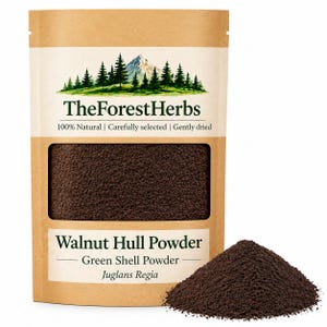 May include: A brown paper pouch containing dark brown walnut hull powder. The label features a mountain and forest illustration, the text TheForestHerbs, 100% Natural, Carefully selected, Gently dried, Walnut Hull Powder, Green Shell Powder, Juglans Regia.