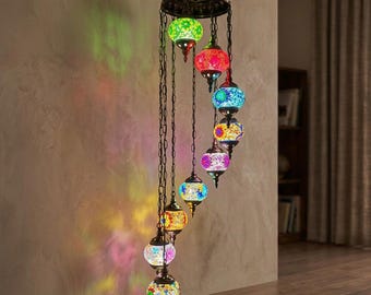 Turkse mozaïek glazen kroonluchter – Retro romantische hanglamp met meerdere lampen, antiek bronzen oosterse lamp