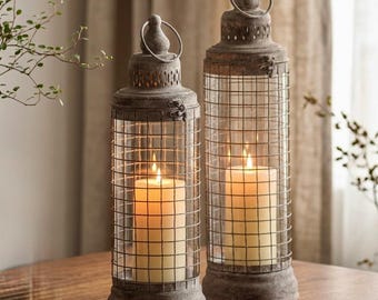 Rustic Iron and Glass Lantern – Vintage Cylindrical Candle Holder, Home and Garden Decoration, Two Sizes