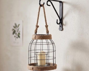 Vintage Glass and Metal Candle Holder – Portable Industrial Lantern, Rustic Antique Decoration with Rope