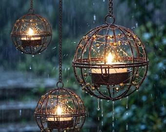 Set van 4 metalen solarlantaarns – bolvormige, opengewerkte lampen met lichtgevende koperdraad, decoratie voor buiten op de camping.