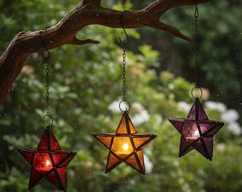 Lanterna a stella in metallo e vetro colorato – Portacandele sospeso in stile marocchino, decorazione per la casa, idea regalo