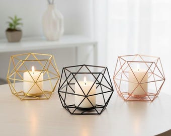 Geometrische veelhoekige metalen kandelaar – Moderne opengewerkte kandelaar, minimalistische decoratie
