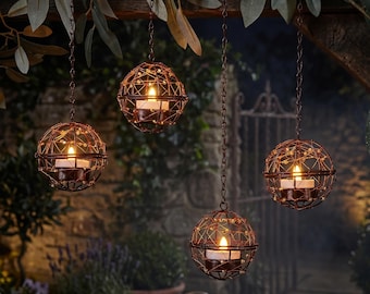 Juego de 4 linternas solares de metal: lámparas esféricas caladas con cable de cobre luminoso, decoración para acampar al aire libre.