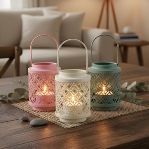 Op de afbeelding: Drie decoratieve kandelaarlantaarns in roze, wit en groen, elk met een handvat en ingewikkelde uitgesneden patronen. De lantaarns staan op een geweven mat op een houten tafel, met brandende kaarsen erin.