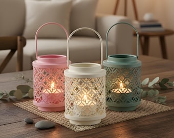 Kleine opengewerkte metalen lantaarn – decoratieve kaarsenhouder, accessoire voor bruiloftsdecoratie, wit, roze of groen