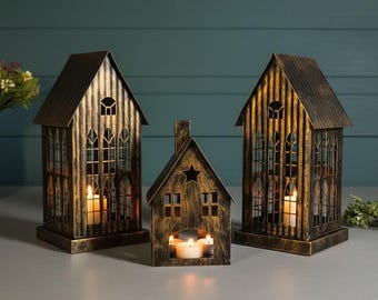 Metalen kaarsenhouder in de vorm van een huis – Decoratieve kaarsenhouder in de vorm van een huis, kerstdecoratie, zorgt voor een gezellige sfeer binnenshuis.