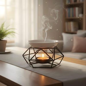 May include: A black geometric metal candle holder with a white ceramic bowl. A lit candle is inside, with smoke rising from the bowl. The candle holder sits on a white table runner, with a wooden table in the foreground.